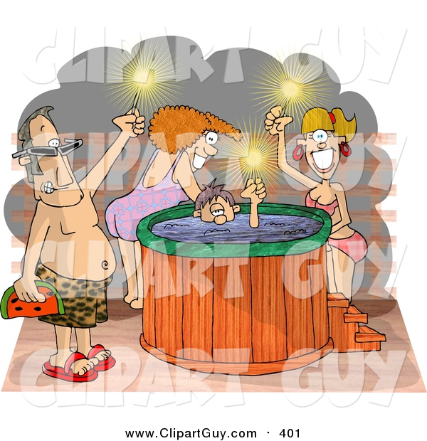Clip Art of a Happy Caucasian Men and Women at a Hot Tub Party
