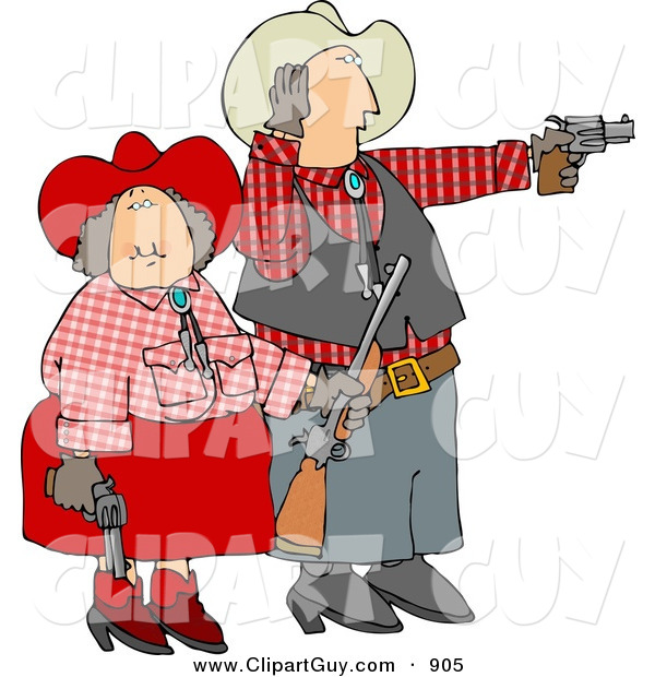 Clip Art of a Happy Cowboy and Cowgirl Couple Target Practicing with Pistols and a Rifle