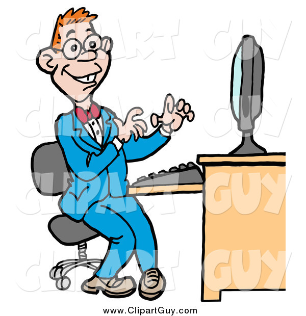 Clip Art of a Happy Red Haired White Computer Geek Man in a Blue Suit, Working on a Computer