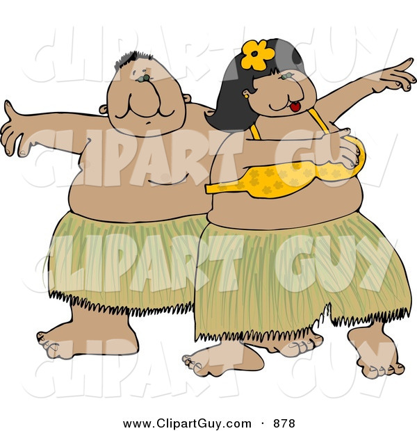 Clip Art of a Hawaiian Pair - a Man and Woman Hula Dancing Together in Hawaii Attire