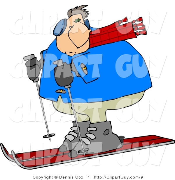 Clip Art of a Heavy Man Skiing in the Snow down a Winter Ski Slope Covered with Snow