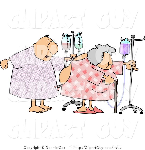 Clip Art of a Hospitalized Elderly Man and Woman Walking with IV Drip Lines in a Hospital