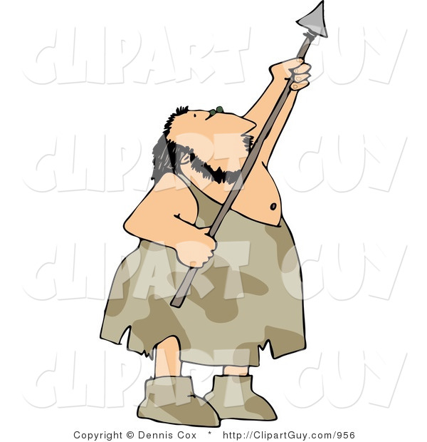 Clip Art of a Hunting Caveman Aiming His Spear Upwards at the Sky