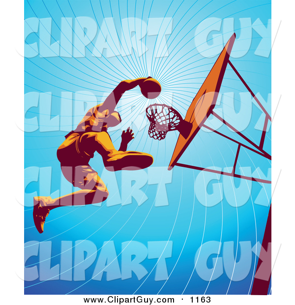Clip Art of a Low Angle View of a Basketball Player Jumping High to Dunk the Ball in the Hoop During Practice