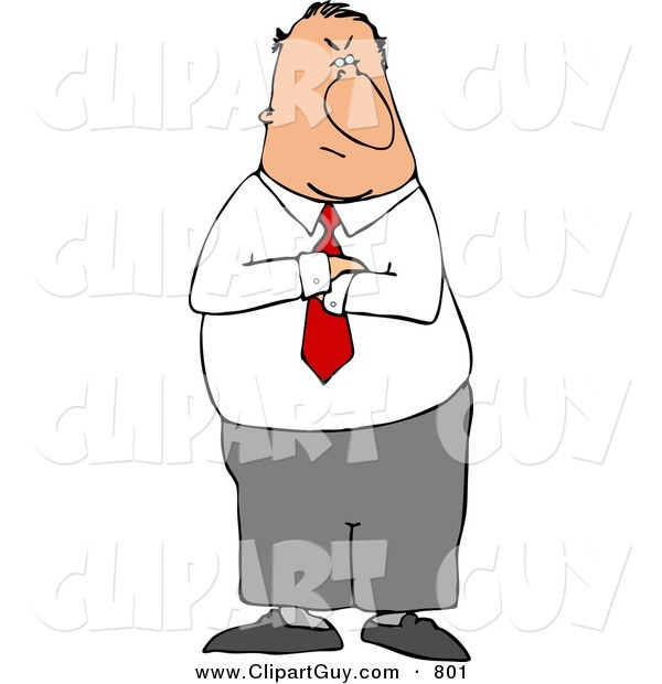 Clip Art of a Mad Caucasian Businessman Standing with His Arms Crossed with an Angry Face
