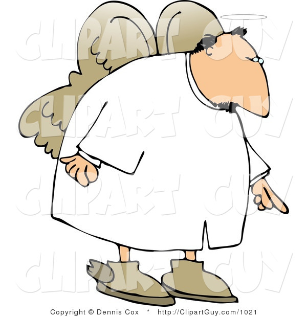 Clip Art of a Male Angel in White Pointing Finger down