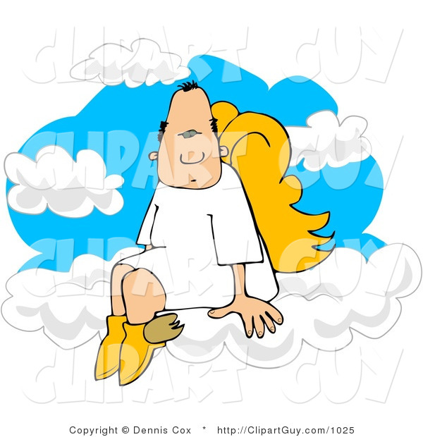 Clip Art of a Male Angel with Wings Sitting on White Clouds