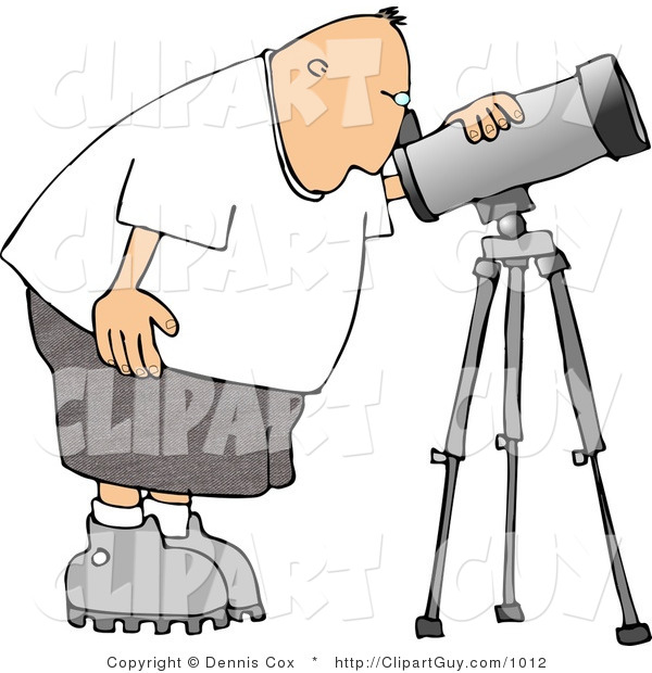 Clip Art of a Male Astronomer Bending to Look Through a Telescope
