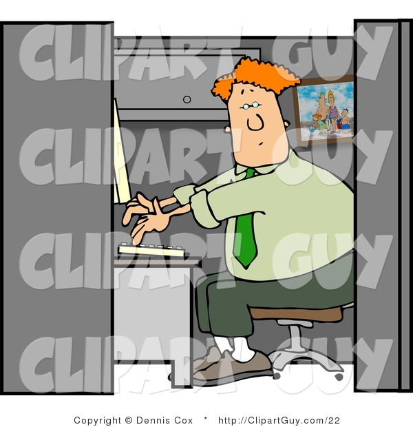 Clip Art of a Male Computer Programmer Sitting in a Cubicle Working at a Business Firm on a Computer