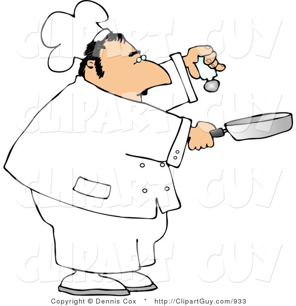 Clip Art of a Male Cook Holding a Salt Shaker and a Skillet in Hands