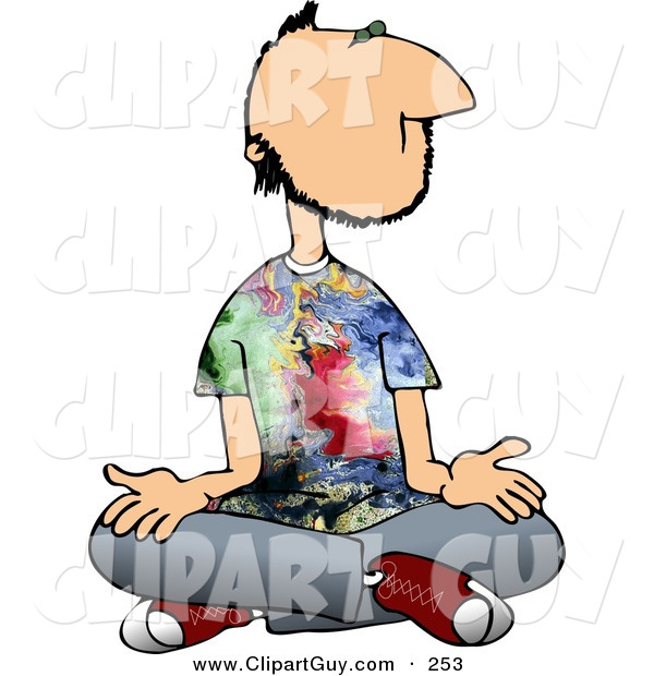 Clip Art of a Male Hippie with Tie-Dye T-Shirt Crossing His Legs and Meditating Silently