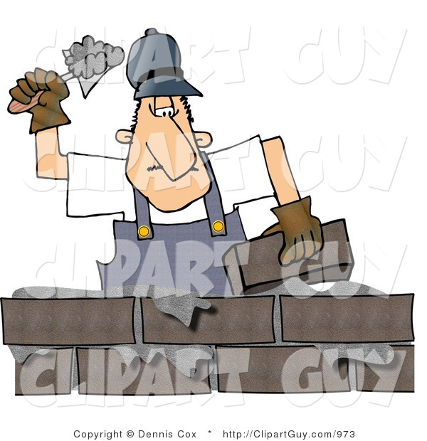 Clip Art of a Male Mason, Builder Cementing a Brick Wall