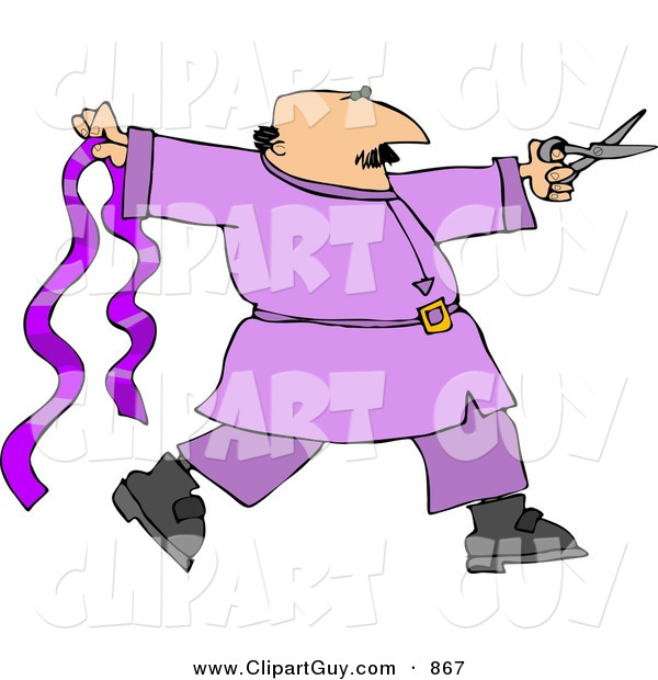 Clip Art of a Male Ribbon Designer with Purple Ribbon and Scissors in Hand