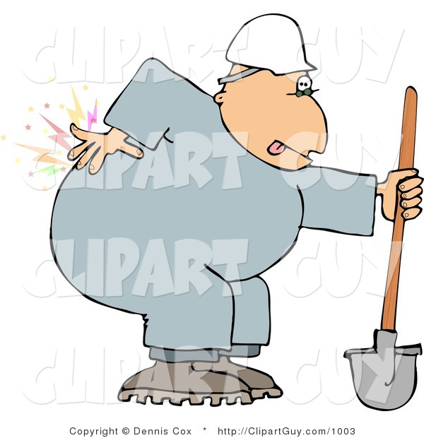 Clip Art of a Male Worker with Back Pain While Shoveling