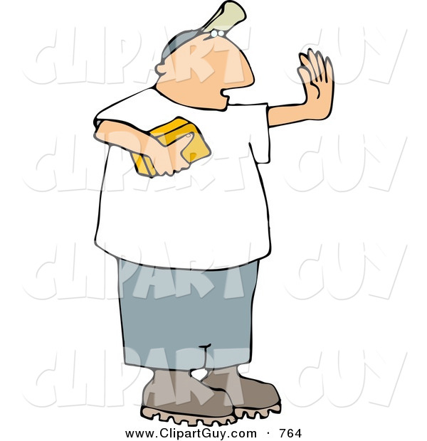 Clip Art of a Man Holding a Gold Brick and Hand Gesturing for Someone to Stop, Protecting It