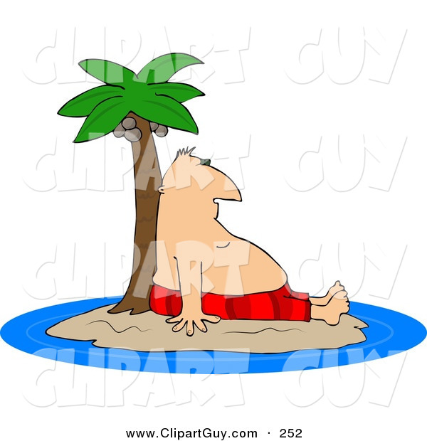 Clip Art of a Man Resting Against a Palm Tree Ashore on a Deserted Island Surrounded by Water