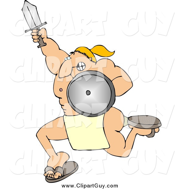 Clip Art of a Muscular White Warrior Charging to Battle with a Sword and Shield