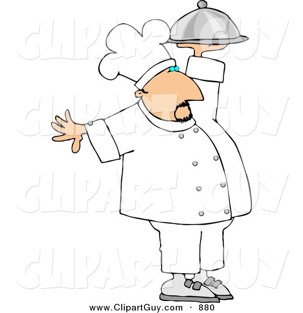 Clip Art of a Professional Caucasian Male Chef Carrying a Covered Serving Plate