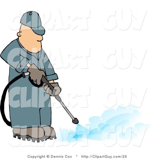 Clip Art of a Professional Man Using a Pressure Washer to Spray the Ground with Water