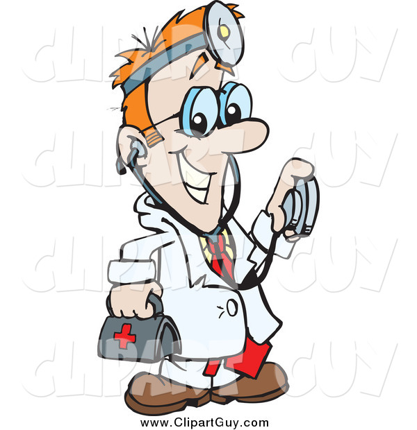 Clip Art of a Red Haired White Male Medical Doctor Carrying a First Aid Bag and Using a Stethoscope