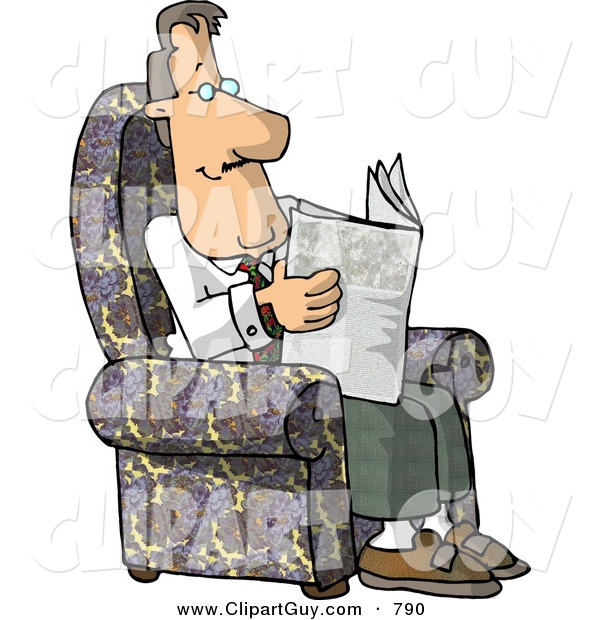 Clip Art of a Relaxing Man Sitting in His Chair and Reading the Newspaper