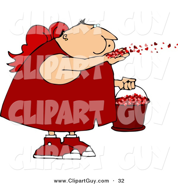 Clip Art of a Saint Valentine's Day Caucasian Cupid Blowing Love Hearts into the Air