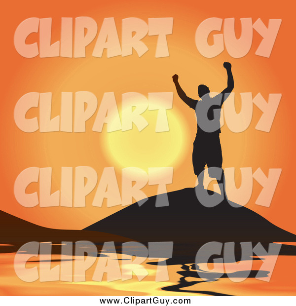 Clip Art of a Silhouetted Cheering Successful Man Atop a Coastal Mountain Against an Orange Sunset