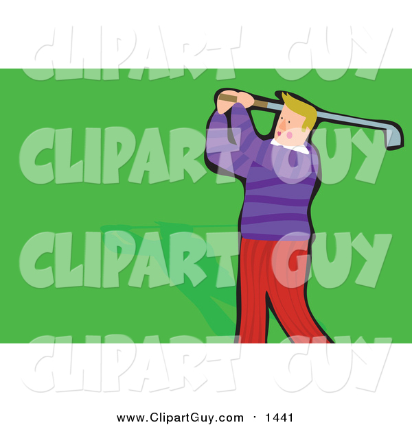 Clip Art of a Swinging Male Golfer on the Green
