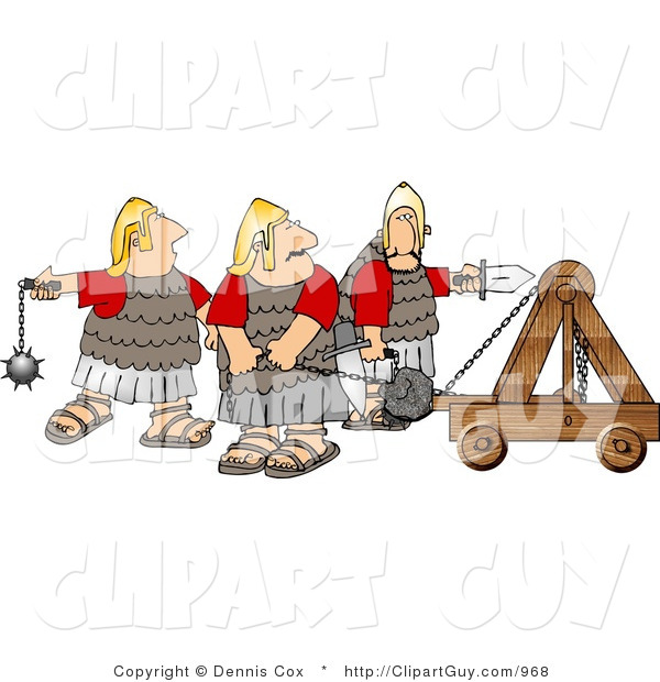 Clip Art of a Trio of Roman Soldiers Armed with a Catapult Sword, and Ball & Chain Mace