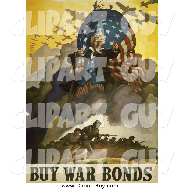 Clip Art of a Uncle Sam and Military Troops - Buy War Bonds Vintage Poster