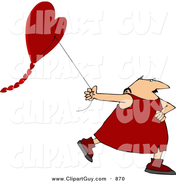 Clip Art of a Valentine's Day Caucasian Man Flying a Heart-shaped Kite