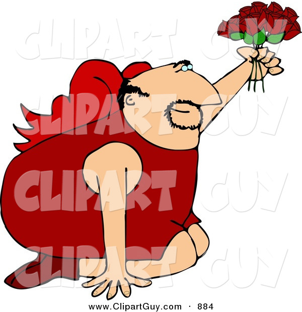 Clip Art of a Valentine's Day Cupid Man on His Knees Offer a Dozen Red Roses to His Lover on Valentine's Day or an Anniversary