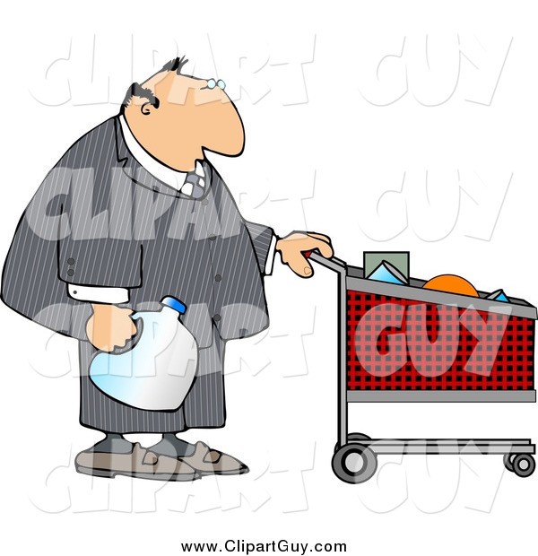 Clip Art of a White Businessman Pushing a Shopping Cart in a Grocery Store