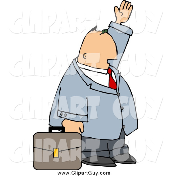 Clip Art of a White Businessman with Briefcase Trying to Wave down a Taxi in a Big City
