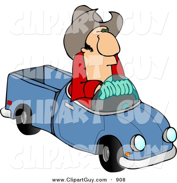 Clip Art of a White Cowboy Driving a Small Toy Pickup Truck