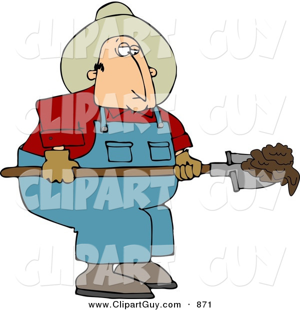 Clip Art of a White Cowboy Rancher Scooping Cattle Dung with a Shovel
