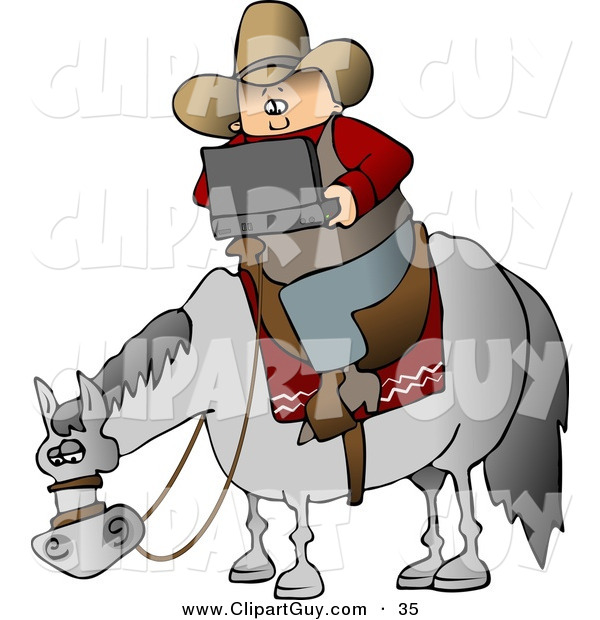 Clip Art of a White Cowboy Using a Portable, Wireless Laptop Computer While Sitting on a Saddled Horse