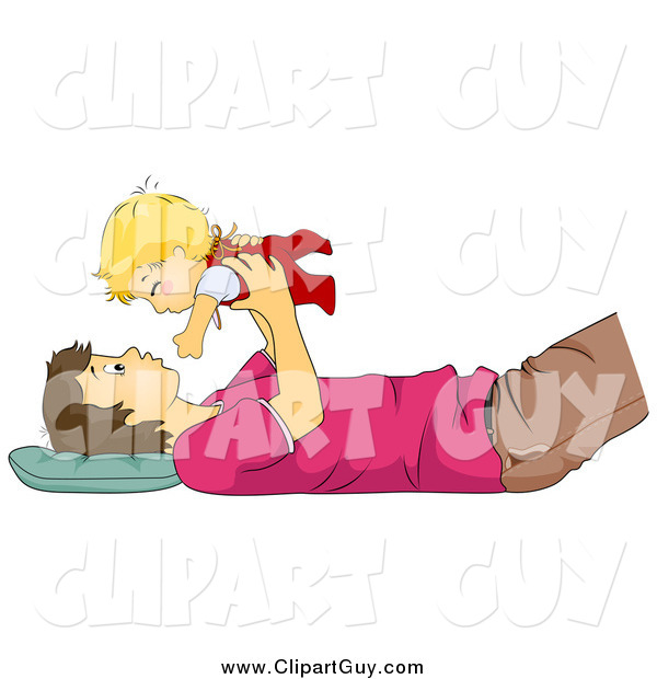 Clip Art of a White Dad Laying on His Back and Holding up His Son