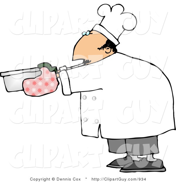 Clip Art of a White Male Chef Wearing Oven Mitts and Holding a Hot Pot
