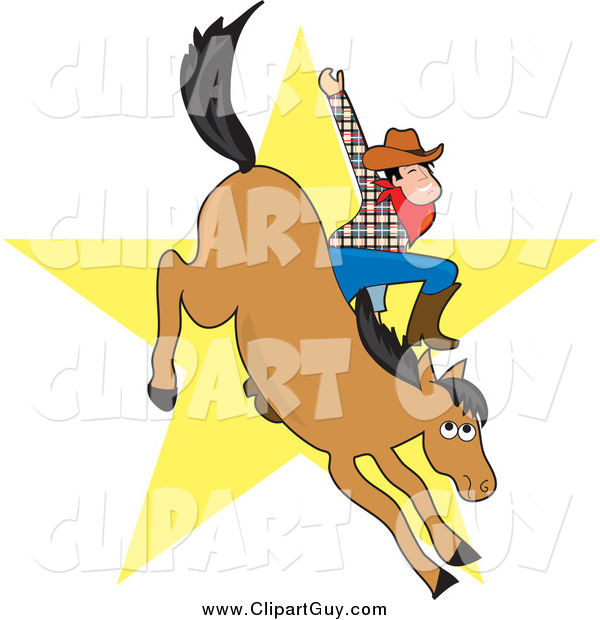 Clip Art of a White Male Cowboy Waving While Riding a Bucking Horse in a Bronco, a Yellow Star in the Background