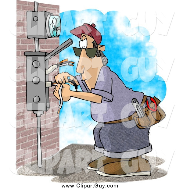 Clip Art of a White Male Electrician Wiring a Brick Building