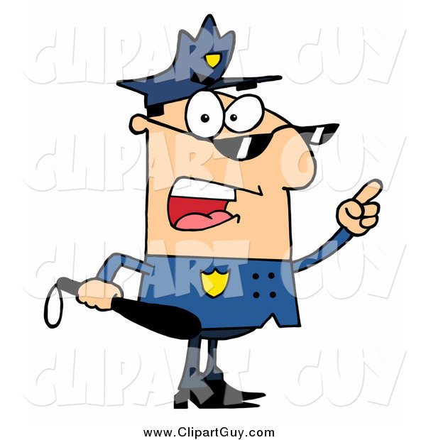 Clip Art of a White Male Police Officer Holding a Club and Yelling
