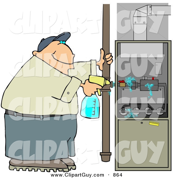 Clip Art of a White Man Spraying a Cleaning Solvent on a Standard Household Furnace