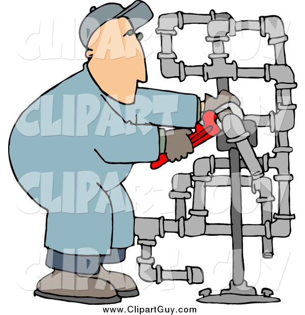 Clip Art of a White Man Working on Pipes with a Wrench