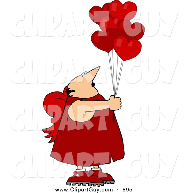 Clip Art of a White Valentine's Day Cupid Man Holding Red Heart Balloons