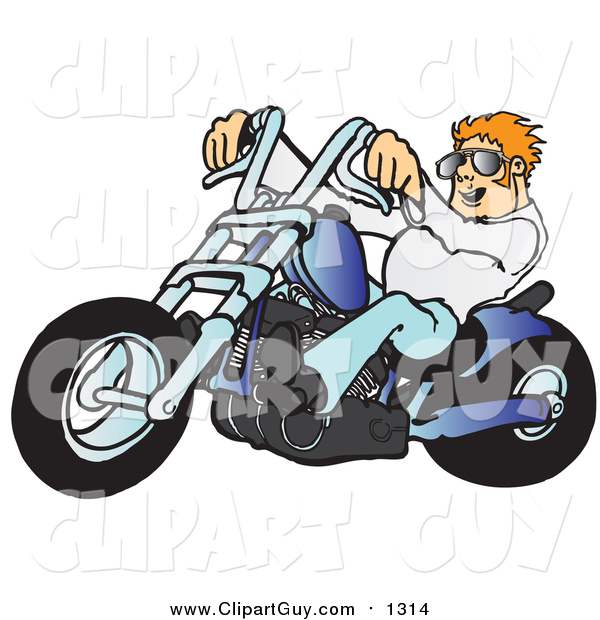 Clip Art of a Young, Blond White Biker Dude in Shades, Riding His Blue Chopper