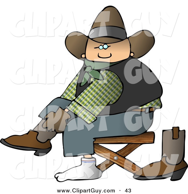 Clip Art of a Young Cowboy Putting Boots on Feet