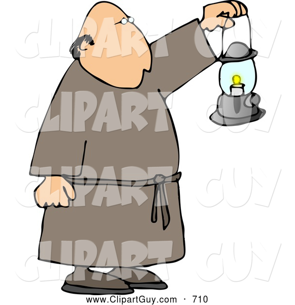 Clip Art of ACaucasian Monk Walking Around with a Lit Lantern During the Night