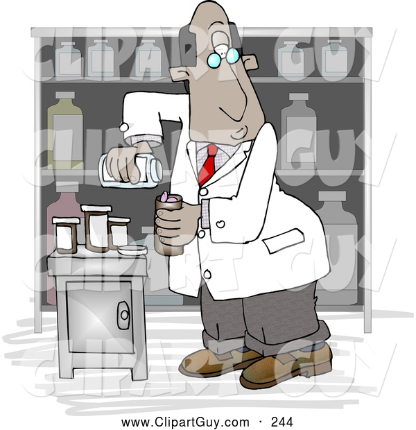 Clip Art of AExperimenting Ethnic Male Pharmacist Filling a Prescription Bottle with Medicine Pills