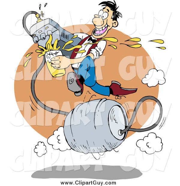 Clip Art of AFast Man Running on a Metal Barrel Beer Keg, Pouring Liquor from a Faucet at a Bar